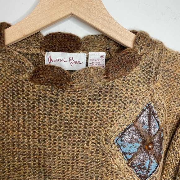 NEW Women’s Vintage Maori Bee Sweater Brown Leather Patchwork HandKnit - Picture 6 of 11